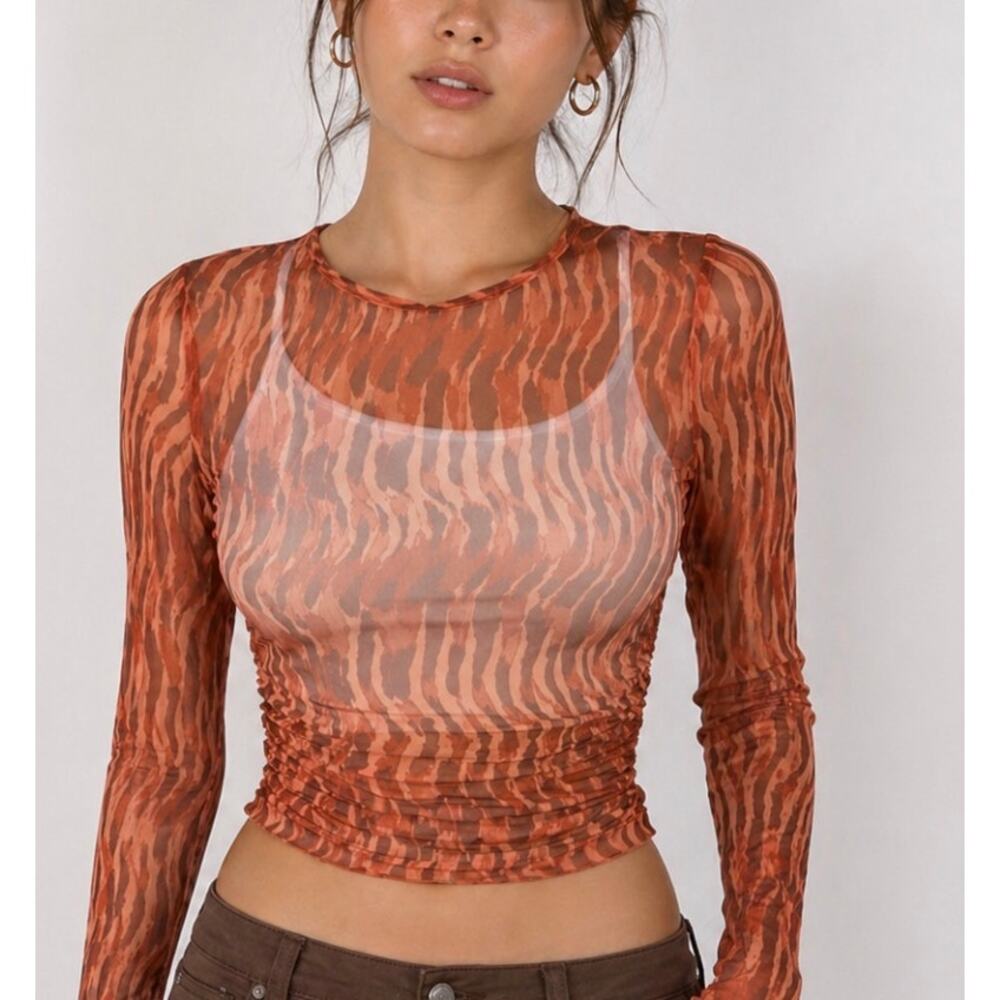 ZARA Sheer Mesh Long Sleeve Top XS Orange Abstract Print Ruched